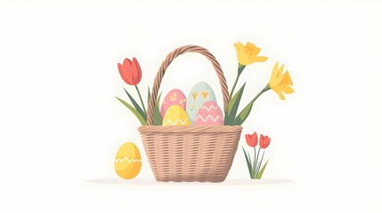 minimalistyczna ilustracja, wielkanocny koszyk, koszyk wiklinowy, pastelowe kolory, pisanki, tulipany, żonkile, kwiaty wiosenne, prosty design, nowoczesny styl, czyste tło, białe tło, miękkie cienie, 