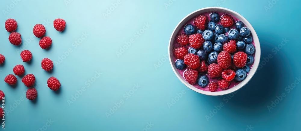 Poster breakfast smoothie bowl with fresh raspberries and blueberries on a light blue background with empty