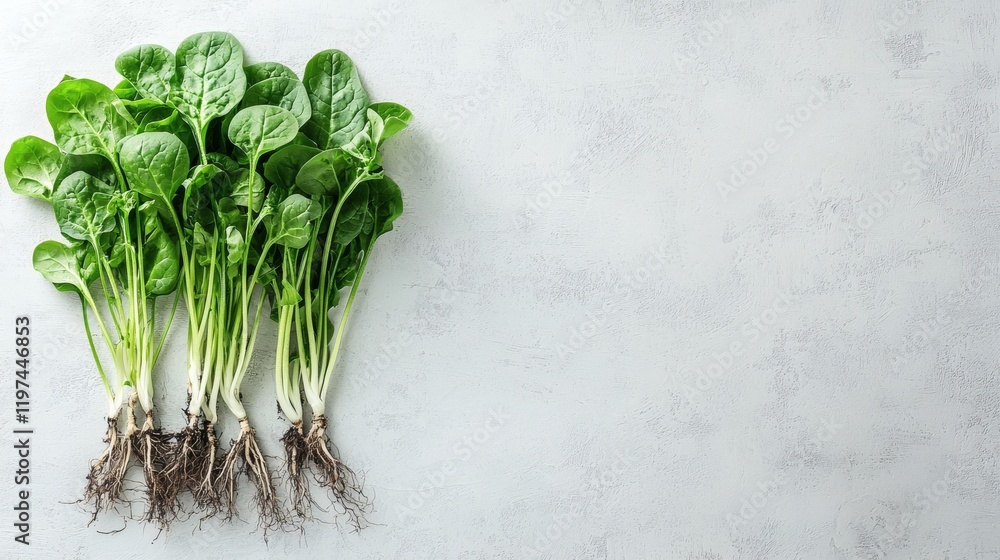 Aufkleber isolated of spinach stems with roots still attached resting on a plain white background stock photo 