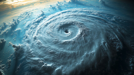 A dramatic satellite perspective of a hurricane in the Atlantic, showing the eye of the storm and surrounding cloud formations.