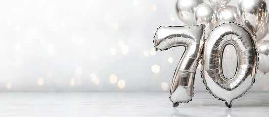 Silver 70th Birthday Balloon with Glittering Background and Copy Space for Celebration Themes