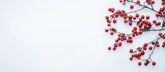 Red Christmas Cherry Branch on Minimalist White Background with Copy Space for Holiday Text and Decorations in Festive Winter Setup