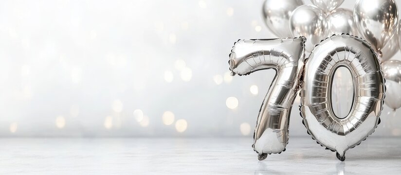 Silver 70th Birthday Balloon with Glittering Background and Copy Space for Celebration Themes - Powered by Adobe