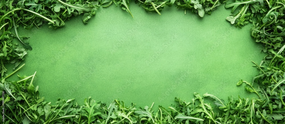 Poster green textured background with fresh leafy greens framing the edges and ample copy space in the cent