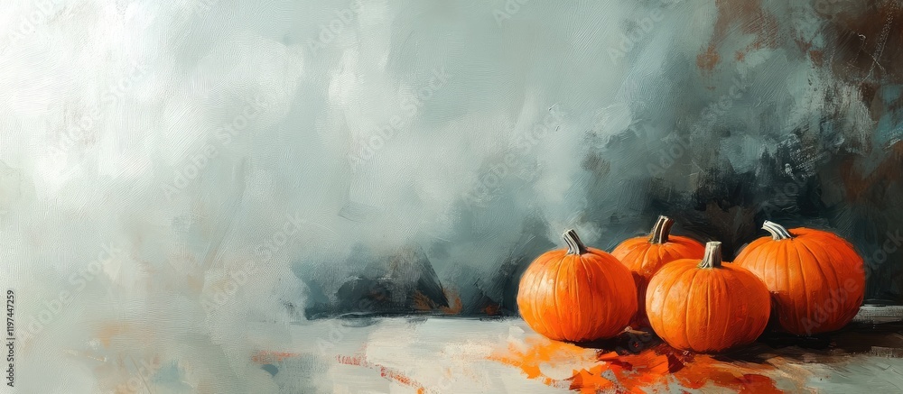 Poster autumnal still life featuring vibrant orange pumpkins on a rustic wooden table with soft gray backgr