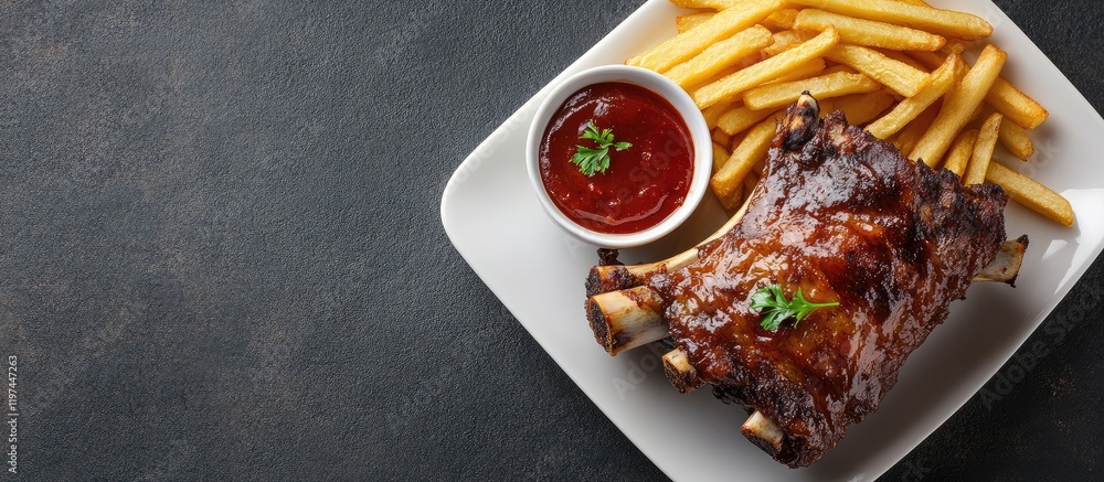 Poster braised pork knuckle with crispy fries and tomato sauce on dark table surface with empty space for c