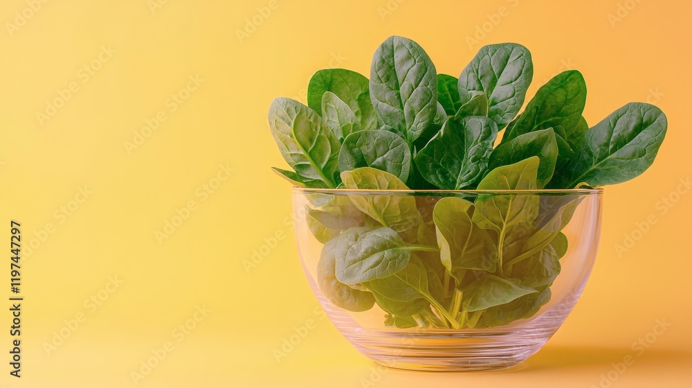 Poster isolated of spinach leaves in a clear glass bowl to emphasize natural color and texture stock photo 