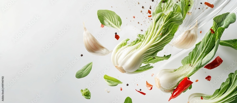 Poster fresh vegetables and spices flying in the air with white background and ample copy space for text pl