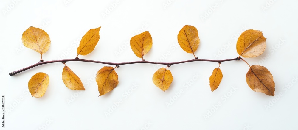 Aufkleber golden autumn branch with dried leaves on bright white background minimalist design with blank copy 