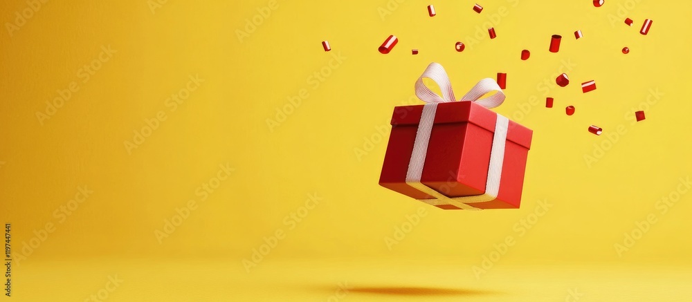Poster red gift box with white ribbon floating against a yellow background with scattered confetti and copy