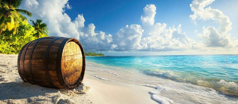 Wooden barrel of rum on sandy tropical beach shoreline with turquoise ocean waves under blue sky and fluffy white clouds, ideal for text overlay.