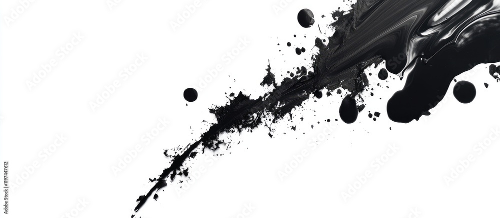 Poster black ink blot with dark shadows on white background featuring empty copyspace for text splashes and