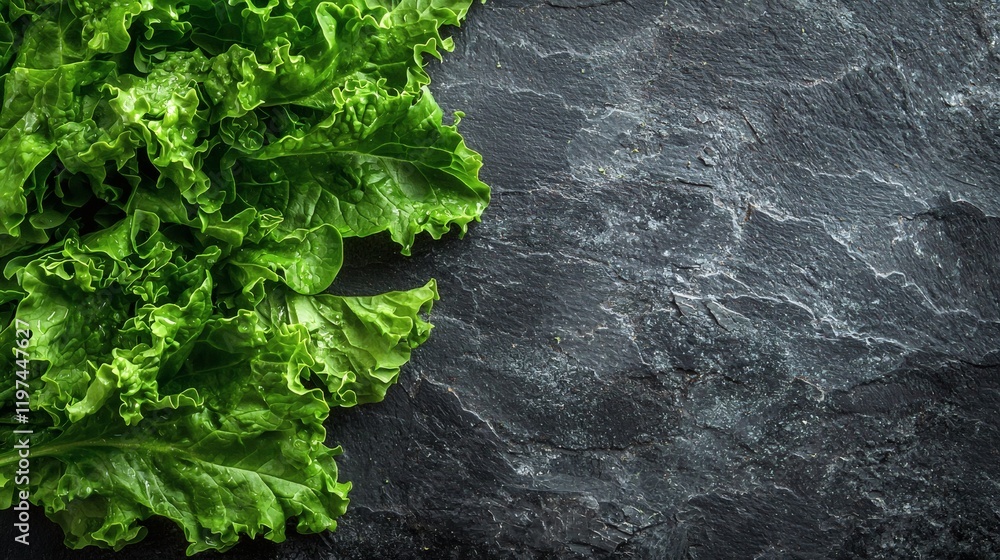 Poster Isolated of torn spinach leaves arranged artfully to display their texture and freshness Stock Photo with side copy space