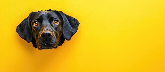 Black hound dog curiously peeking through a round hole in a vibrant yellow wall, creating a playful contrast with ample empty copyspace for text.