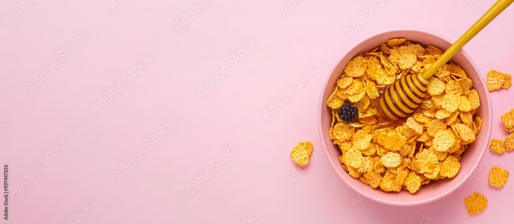 Poster breakfast bowl of cornflakes and honey with berries on pink tabletop top view flat lay composition w