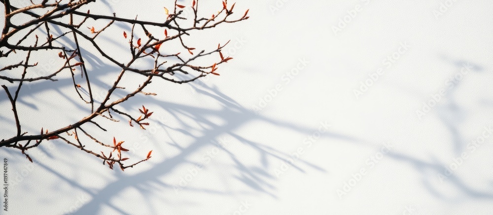 Poster bare tree branches with delicate buds casting intricate shadows on a pristine white surface, featuri