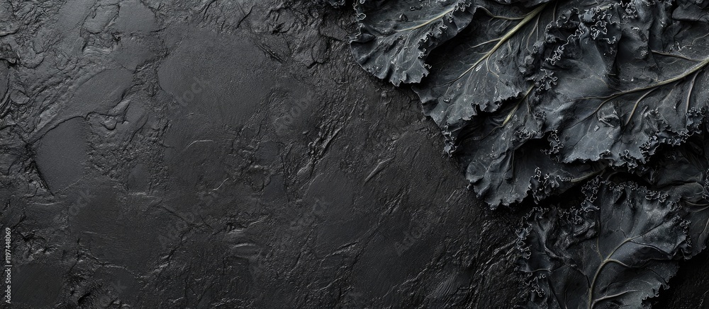 Poster dark black kale leaves with herb butter and spices on textured black background with empty copyspace