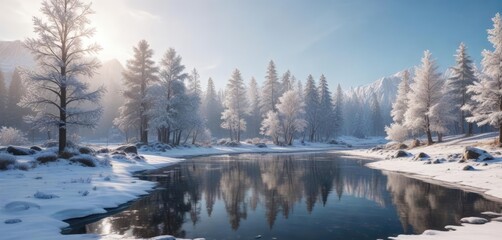 A frozen pond glimmers in the sunlight with snow-covered trees surrounding it, pond, eastern Oregon