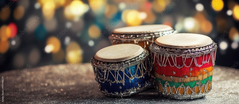 Poster vibrant brazilian carnival percussion instruments in colorful patterns on glittering silver backgrou