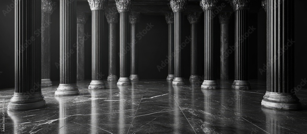 Poster elegant black columns in a marble hall with luxurious reflections on the floor and expansive empty c