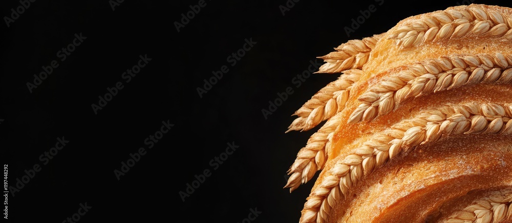 Poster wheat bread loaf with ear of wheat design on black background with empty copy space for text and sof