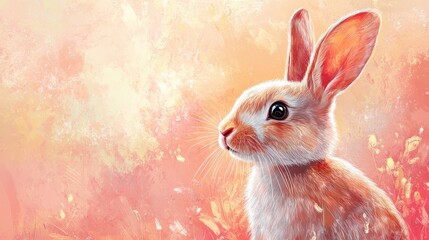 Painting of a rabbit sitting in a green field under blue sky