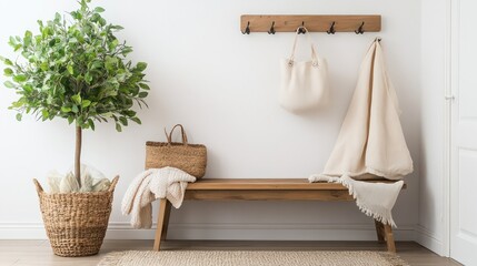 A modern entryway with a wooden bench, decorative hooks, and a vibrant indoor plant adding life to the space.