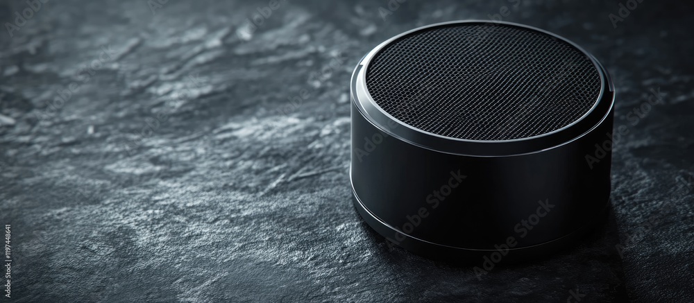Aufkleber bluetooth speaker promotion on dark stone surface featuring empty copyspace for text with sleek blac