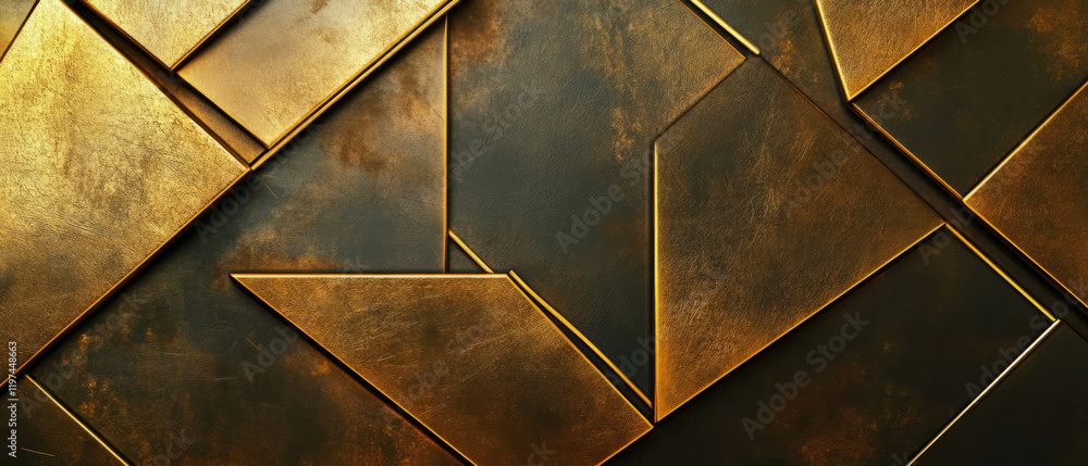 Poster intricate geometric patterns with metallic gold lines on a dark surface