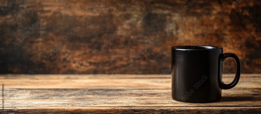 Poster Black ceramic mug mockup on rustic wooden table with dark background and empty space for branding or text placement in a cozy setting
