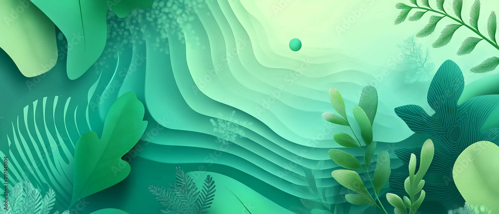 Poster stylized mint abstract illustration with layered green patterns and botanical elements