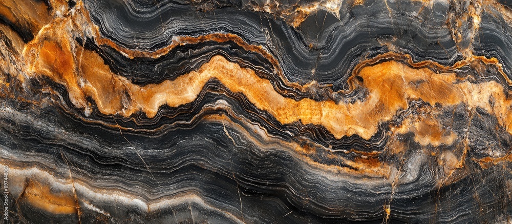 Poster black and gold onyx marble stone texture with intricate veining and space for text, overhead view hi