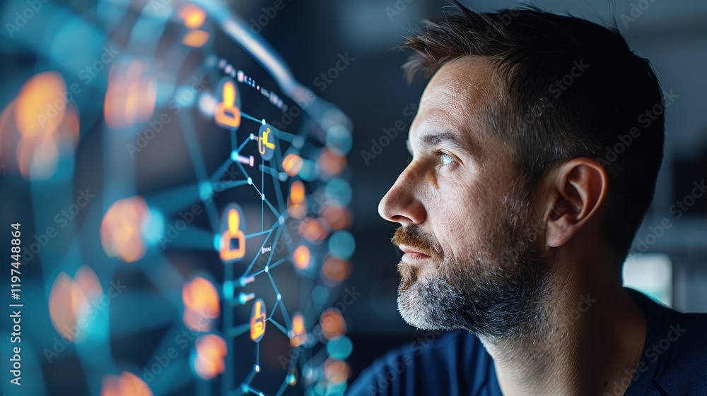 Poster a focused man analyzes complex data visualizations, showcasing technology and innovation in a modern