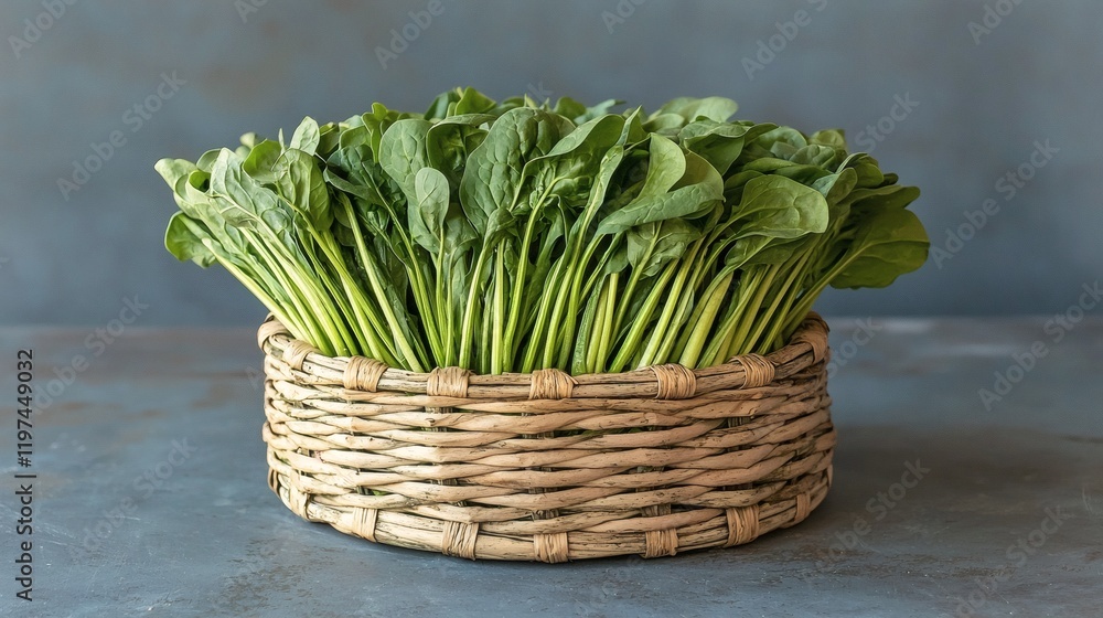 Poster Isolated of a tightly bound bunch of spinach with visible stems and crisp edges Stock Photo with side copy space