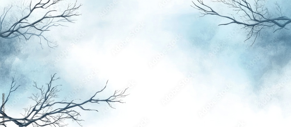 Poster bare tree branches silhouetted against a serene cloudy blue sky background with ample negative space