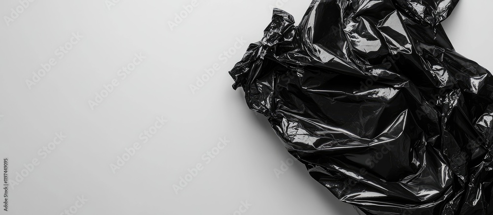 Poster black crumpled garbage bag on light gray background with ample copyspace for text and minimalist des