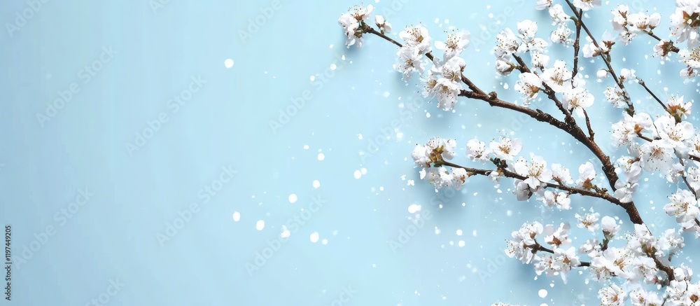 Poster delicate branch of white blossoms on a pastel blue background with ample empty space for creative te