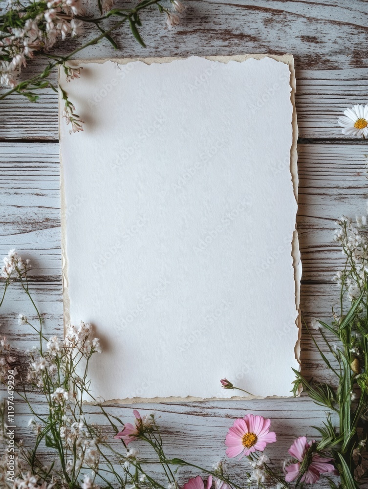 Aufkleber Empty paper mock up on wooden table surrounded by fresh flowers for text placement and creative design ideas. Generative AI