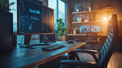A modern workspace featuring a computer with data analytics on the screen, a comfortable chair, and a cozy ambiance with warm lighting.
