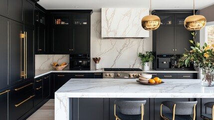 A modern kitchen featuring bold black cabinets, marble countertops, and gold hardware for a chic look.