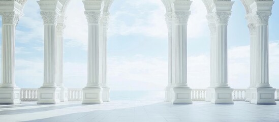 Fototapeta premium Elegant Baroque architecture with white columns and decorative statues against a soft blue sky and empty copyspace for text in a spacious setting