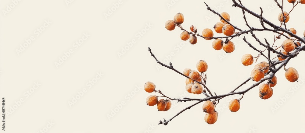 Poster wild alder buckthorn branch with orange berries against soft beige background in natural setting wit