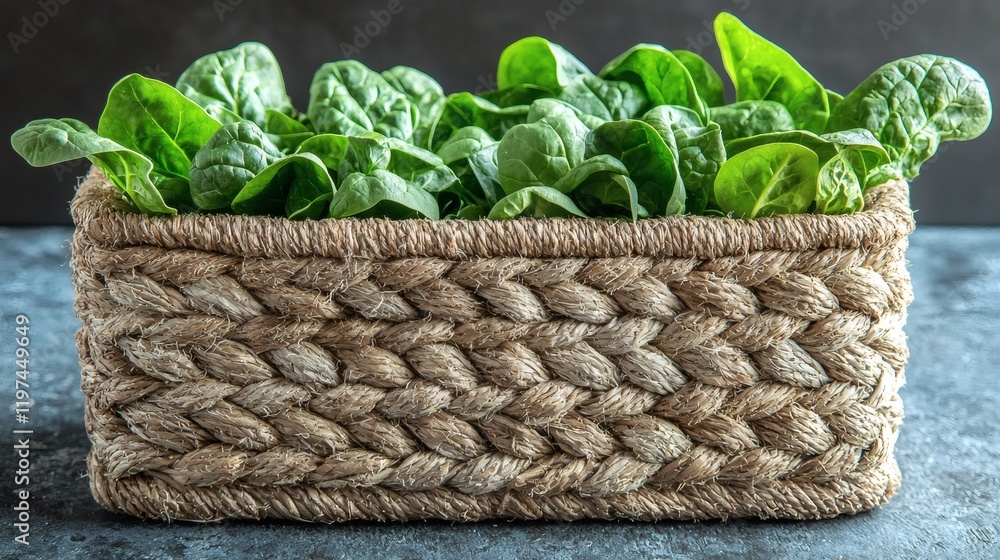 Poster isolated of loose spinach leaves placed in a woven basket for a rustic presentation stock photo with