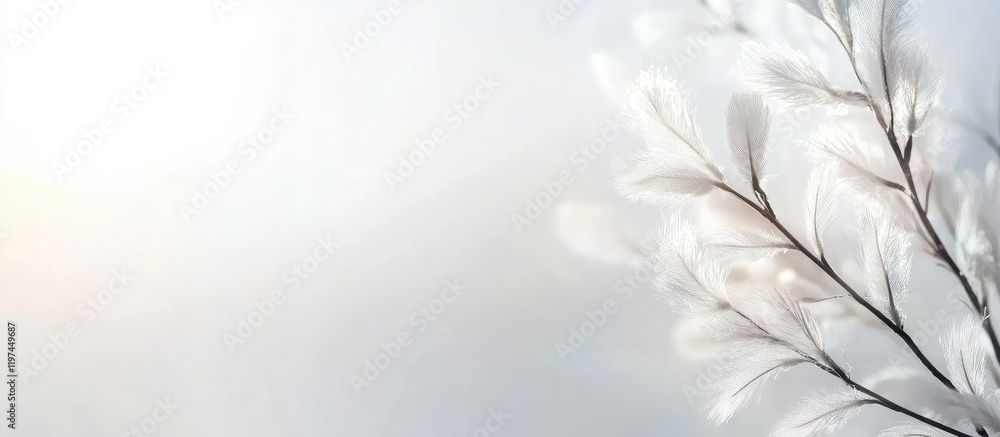 Poster delicate white feathered branches against a soft cool light background with expansive empty space fo