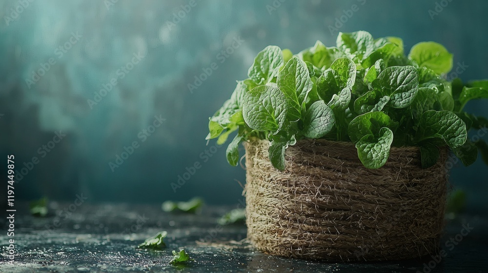 Aufkleber isolated of loose spinach leaves placed in a woven basket for a rustic presentation stock photo with