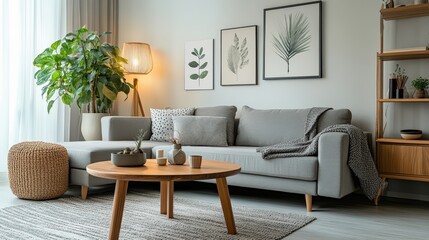 A modern living room with a gray sofa, a wooden coffee table, and a Scandinavian-inspired interior design.
