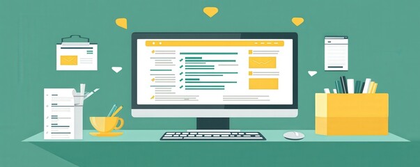 A vibrant workspace featuring a computer monitor displaying a search interface, surrounded by organizational tools and stationery.