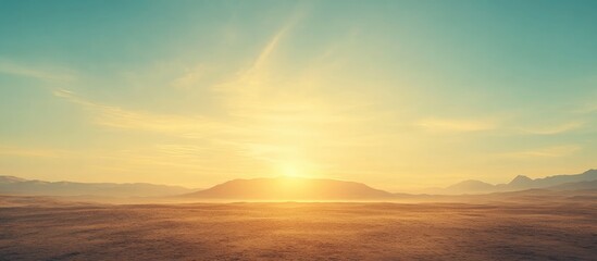 Fototapeta premium Vibrant Sunrise over Sandy Shoreline with Clear Blue Sky and Negative Space for Text in Coastal Landscape Scene