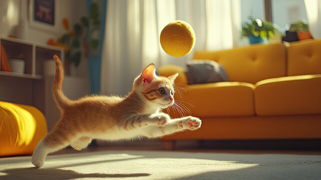 A playful kitten chasing after a bouncing toy, its paws in mid-air as it pounces, captured in a vibrant and cozy living room.