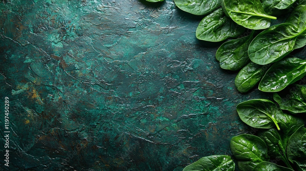 Poster Isolated of spinach leaves laid flat in a single layer to highlight their shape and texture Stock Photo with side copy space